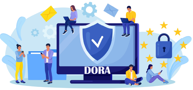 Illustration of professionals working on digital devices around a large computer screen displaying a shield with a checkmark, symbolizing compliance with the Digital Operational Resilience Act (DORA). The surrounding elements, including a padlock, EU stars, gears, and emails, represent cybersecurity, financial sector resilience, risk management, and digital security regulations.